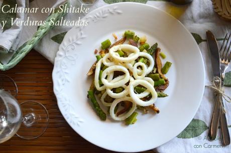 Calamar con Shitake y Verduras Salteadas