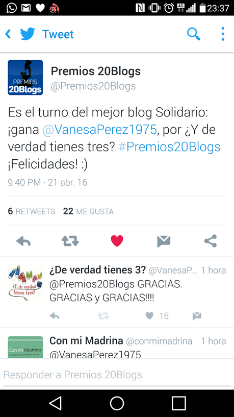 Un premio, ¡un premio! Mejor Blog Solidario de los premios 20 Blogs X edición. ¡Gracias! Un premio, ¡un premio! Mejor Blog Solidario de los premios 20 Blogs X edición. ¡Gracias!