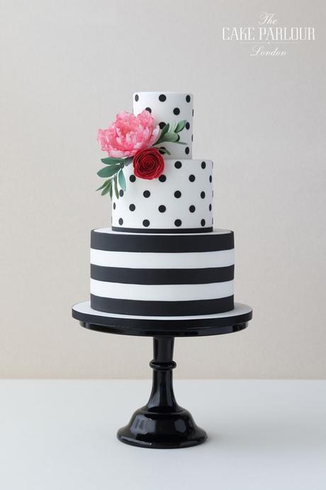 'SIMPLY STRIPES & DOTS' Wedding Cake - Striking and fun black and white stripy and dotty wedding cake decorated with sugar Angelique Tulip and Ranunculus.: 