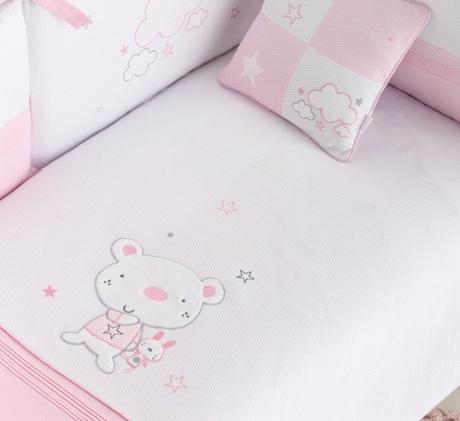 edredon y chichonera para cuna en color rosa osito star