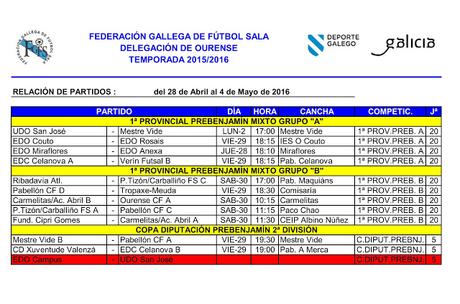 Horarios del fútbol sala base en Ourense, del 28 de Abril al 4 de Mayo