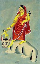 La diosa Shashthi montada en un gato