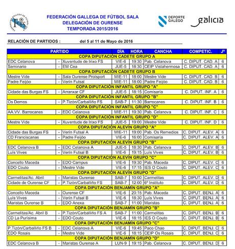 Horarios fútbol sala base en Ourense, del 5 al 11 de Mayo 2016