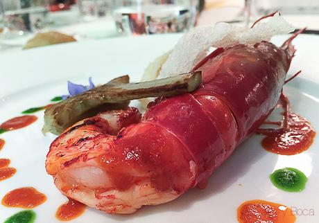 Carabinero con bacalao alcachofa y aceite de chorizo Rota Das Estrelas nectari baco y boca