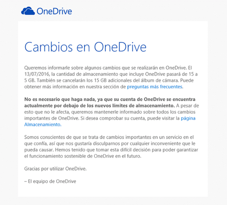 La oferta de OneDrive pasará de 15 GB a solo 5 GB a partir de Julio