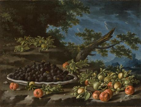 Bodegón con plato de moras, acerolas y avellanas en un paisaje, Luis Egidio Meléndez. Óleo sobre lienzo, 37 x 49 cm, H. 1774. Cuadro de gabinete.