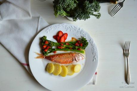 Salmonetes con Bimi a la Vinagreta de Fresas