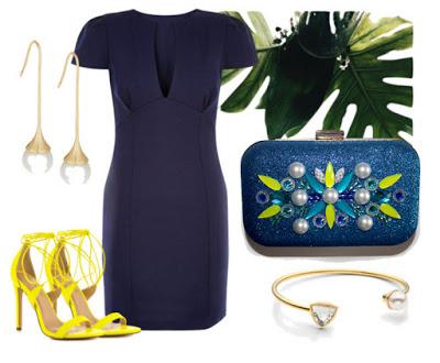 Look boda vestido clutch azul y amarillo
