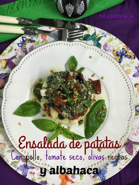 Ensalada De Patatas Con Pollo, Tomate Seco, Olivas Negras Y Pesto