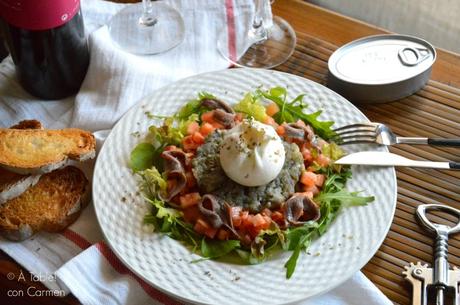 Ensalada templada de Berenjena, Burrata y Anchoas