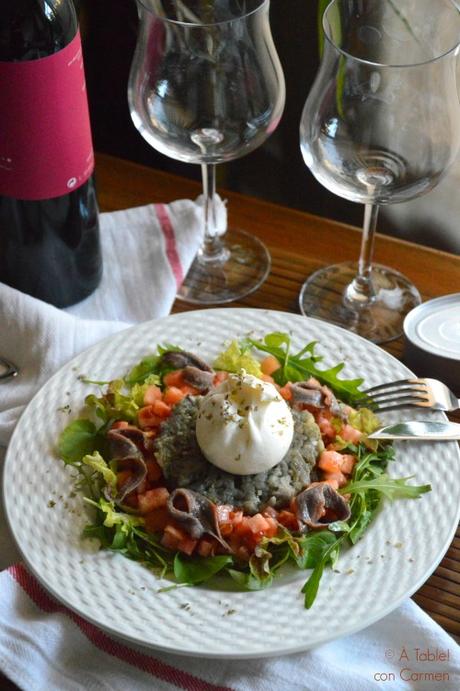 Ensalada templada de Berenjena, Burrata y Anchoas