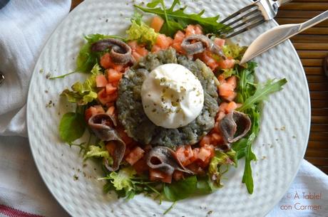 Ensalada templada de Berenjena, Burrata y Anchoas