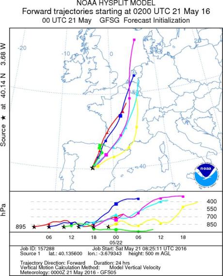 Incendio Seseña: Pronóstico de trayectoria del humo para 21.05.2016