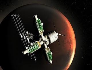 Ilustración artística de un biorreactor orbitando Marte