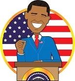 Obama : A portrait of President Barack Obama standing at a podium with the American Flag behind him