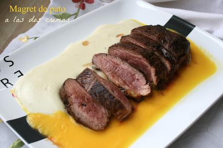 Magret de pato con dos cremas,magret de pato,crema de patata.crema de naranja