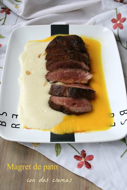 Magret de pato con dos cremas,crema de patata,crema de naranja,magret de pato
