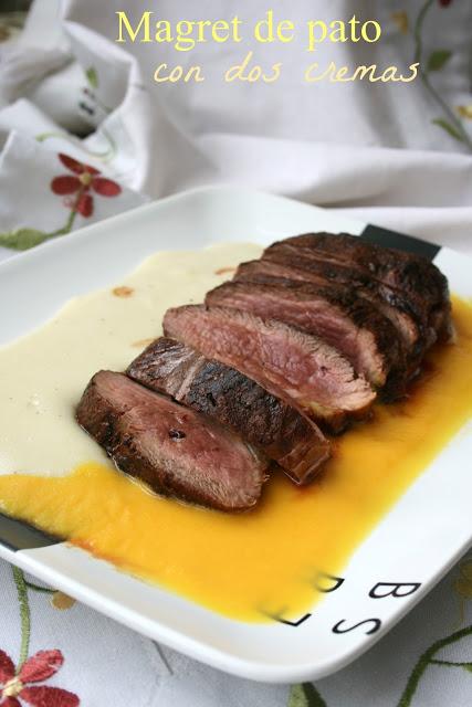 Magret de pato con dos cremas,magret de pato,crema de patata,crema de naranja