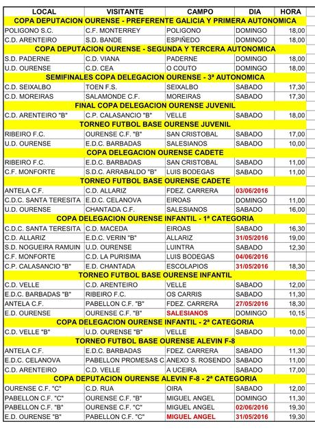 Horarios fútbol ourensano, incluido sala base