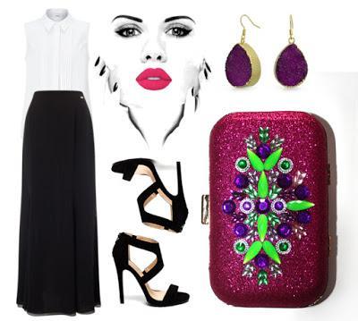 LOOK DE BODA CON FALDA LARGA Y CLUTCH FUCSIA DE PEDRERIA