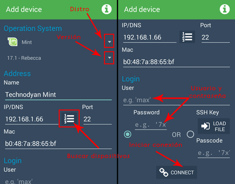 Seleccionar tu distribución, añadir la IP e identificar tus credenciales, tres simples pasos para comenzar a usar la aplicación.