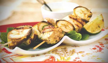 Receta Brocheta de pavo con salsa de yogur con curry