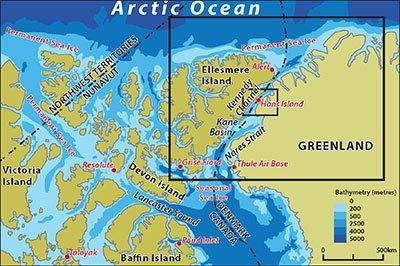 Ubicación de la Isla de Hans, entre Groenlandia (Dinamarca) y la isla de Ellesmere (Canadá). Fuente: Canadian Geographic 2005.