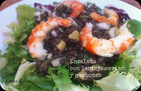 ensalada de lentejas caviar y gambones