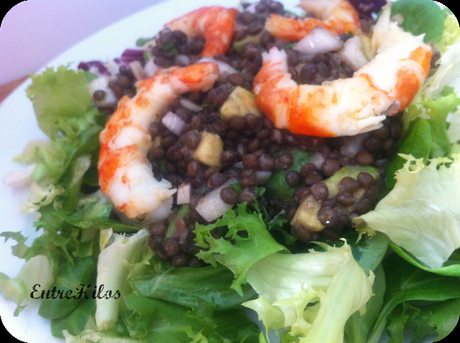 ensalada de lentejas caviar y gambones