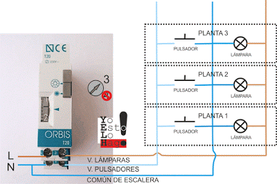 esquema reloj automático de escalera 3 hilos