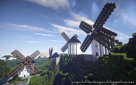 Réplica Minecraft de cuatro históricos molinos de viento de Castilla la Mancha, España.