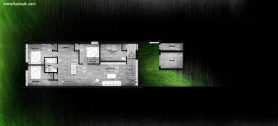 Casa urbana angosta de dos plantas en desnivel.