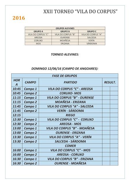 Torneo Vila do Corpus Ponteareas 2016: Categorías y horarios