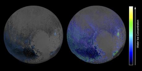 Esta imagen en color falso, derivado de las observaciones en luz infrarroja por el instrumento LEISA, donde muestra las características espectrales de hielo de agua son abundantes en la superficie de Plutón basado en dos exploraciones obtenidas por New Horizons de la NASA el 14 de julio de 2015.