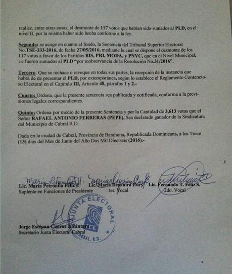 Junta de Cabral declara ganador a Pepe del PPC.