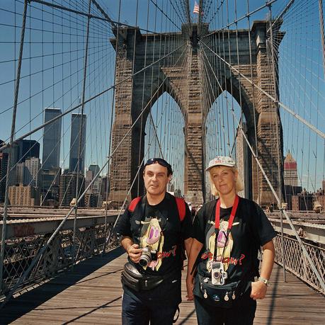 Couple With Matching T Shirts On Brooklyn Bridge Ny