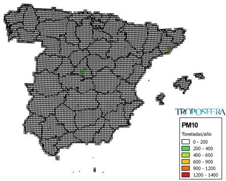 España: Mapa de emisiones de PM10 (Inventario EMEP 2013)