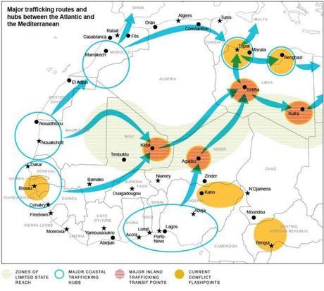Flujos ilícitos entre el Atlántico y el Mediterráneo a través de África. Fuente: Global Initiative http://www.globalinitiative.net/programs/governance/atom-illicit-trafficking-from-the-atlantic-to-the-mediterranean/