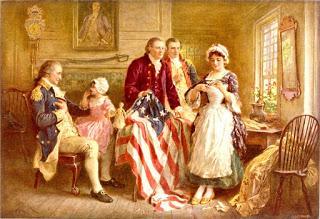 En casa de Betsy Ross, recogiendo la primera bandera de los Estados Unidos de América.