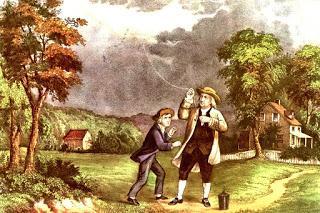 Benjamin Franklin junto a su hijo William, realizando el famoso experimento sobre la electricidad, haciendo volar una cometa en medio de una tormenta.