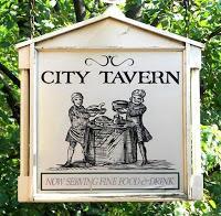 Cartel de la City Tavern lugar de encuentro de los delegados del Segundo Congreso Continental.
