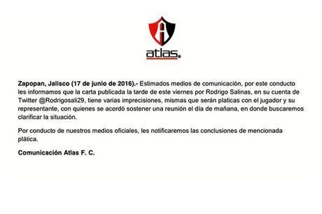 Atlas responde a Salinas en comunicado