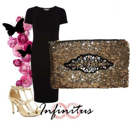 Look con vestido negro y bolso de lentejuelas doradas Look con vestido negro, sandalias doradas y clutch joya color oro