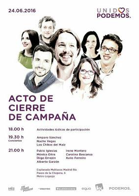 Amparo Sánchez, Nacho Vegas y Los Chikos del Maíz, en Madrid en el cierre de campaña de Unidos Podemos