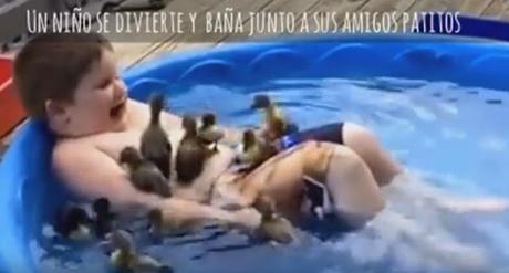Un nene se divierte y se baña junto a sus nuevos amigos, los patitos!