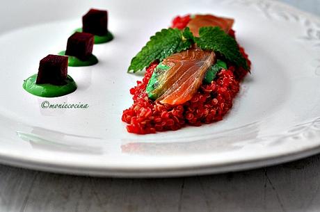 Enslada de salmón marinado con naranja, quinoa de remolacha y mayonesa
de aguacate (#ponunaensalada2016)