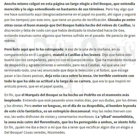 Relaño (As) rectifica su artículo tras las declaraciones de Del Bosque atizando a Casillas