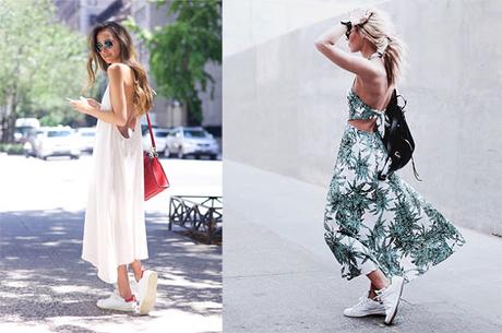 STREET STYLE INSPIRATION; SNEAKERS+LONG DRESS.-