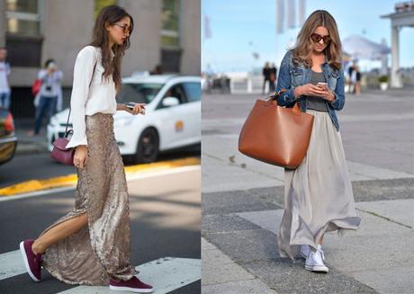 STREET STYLE INSPIRATION; SNEAKERS+LONG DRESS.-