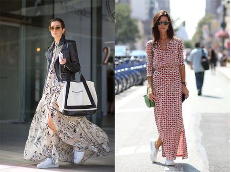 STREET STYLE INSPIRATION; SNEAKERS+LONG DRESS.-